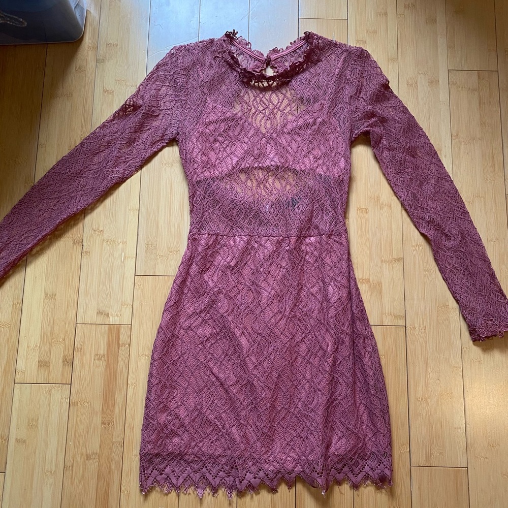 NBD pink lace long sleeve dress